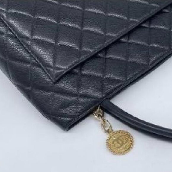 Authentic CHANEL CC Caviar Leather Medallion Tote Shoulder Bag Quilted Black - Picture 12 of 16